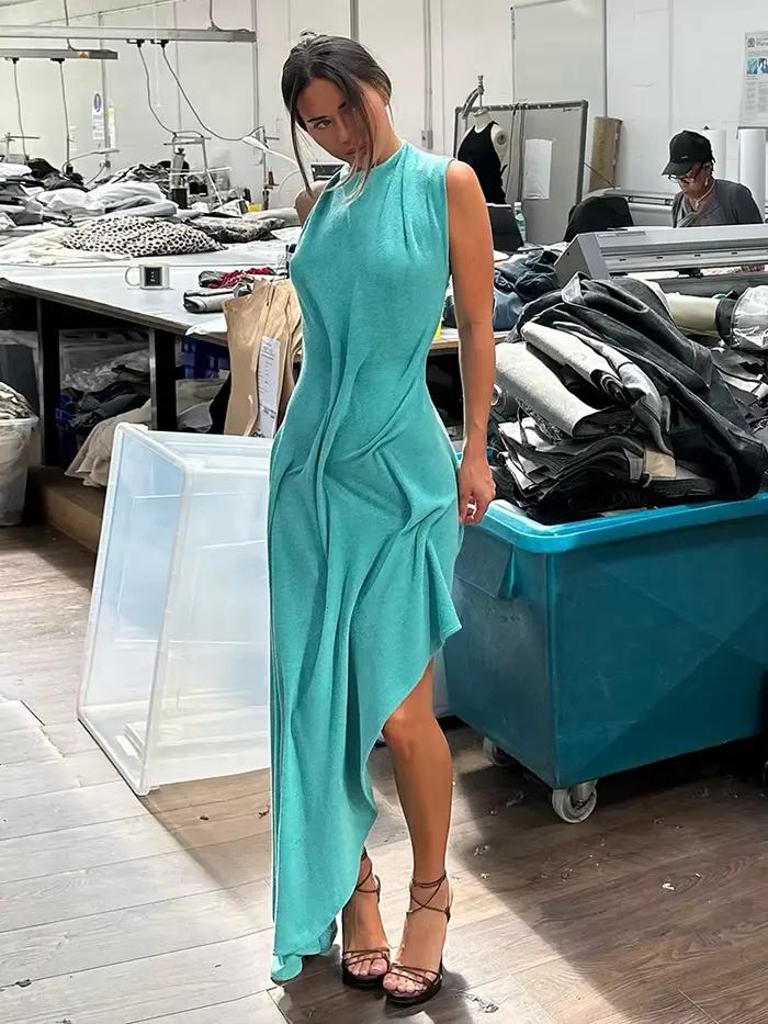 Nibber dos nu longue robe femme froncé élégant été tendance o-cou sans manches sexy ourlet irrégulier soirée bal