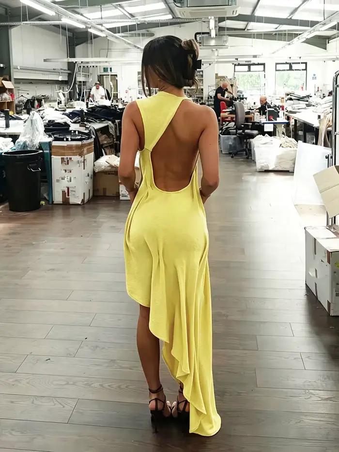 Nibber dos nu longue robe femme froncé élégant été tendance o-cou sans manches sexy ourlet irrégulier soirée bal