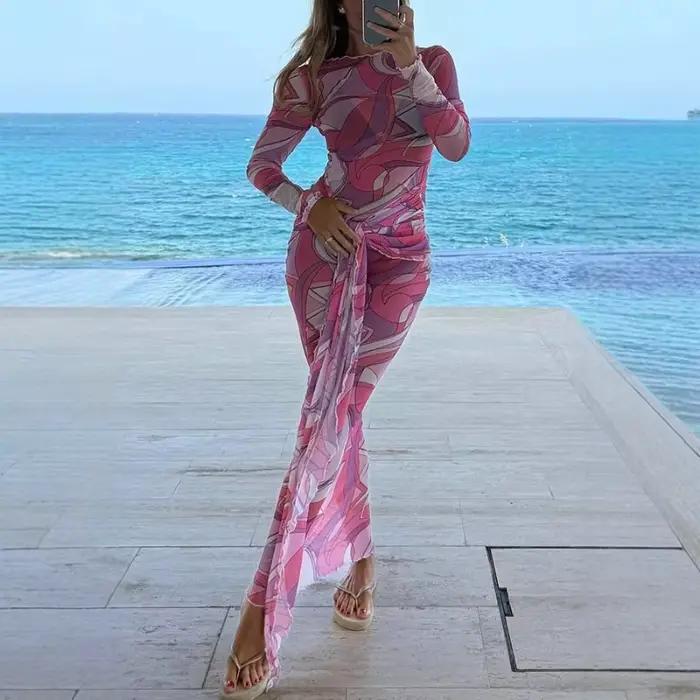 Femmes élégantes imprimer moulante robe bohème Sexy à manches longues Corset mince Stretch célébrité vacances plage