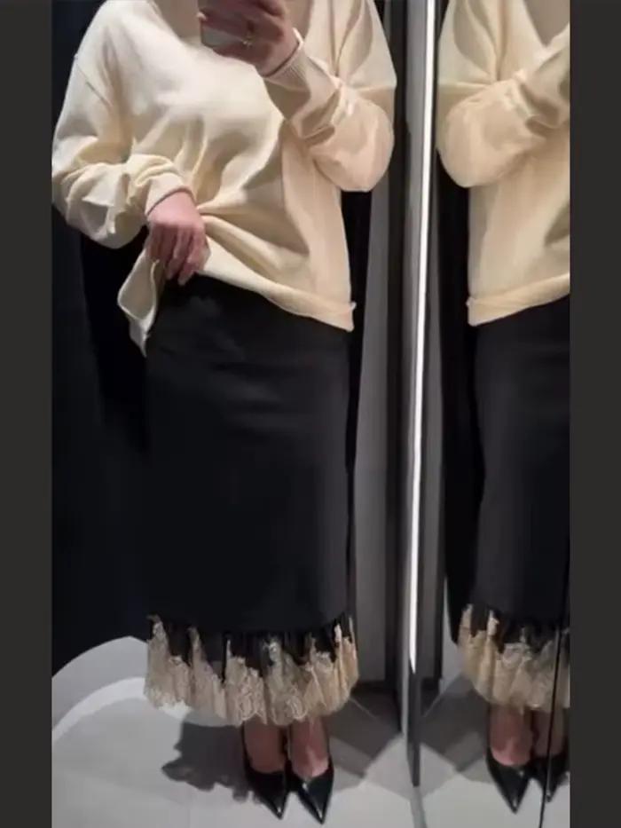 Jupe mi-longue noire pour femmes, ourlet en dentelle, ligne a, taille haute, Slim, printemps-automne, dîner, fêtes, correspondance quotidienne, 2026