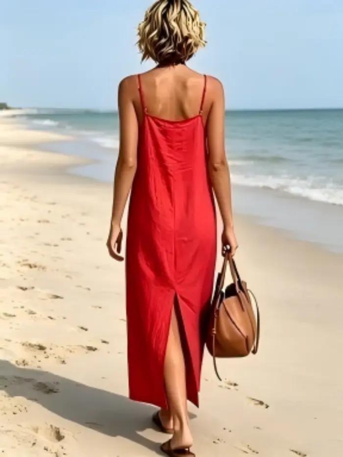 Robe longue droite à fines bretelles en lin rouge pour femme, robe d'été sophistiquée amincissante pour les vacances à la plage