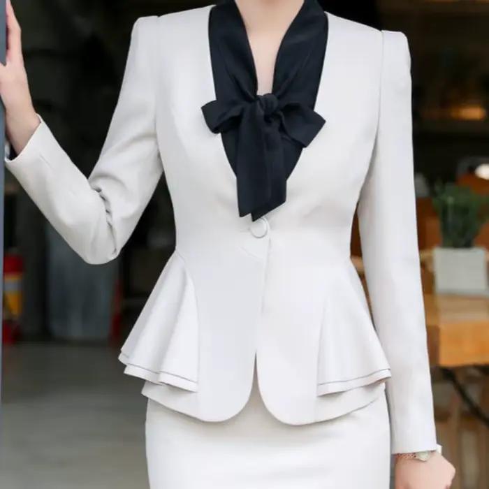 Ensemble jupe courte élégante pour femme, tenue professionnelle à manches longues pour entretien, vêtement de travail formel OL, robe de bureau en coton pour le trajet quotidien