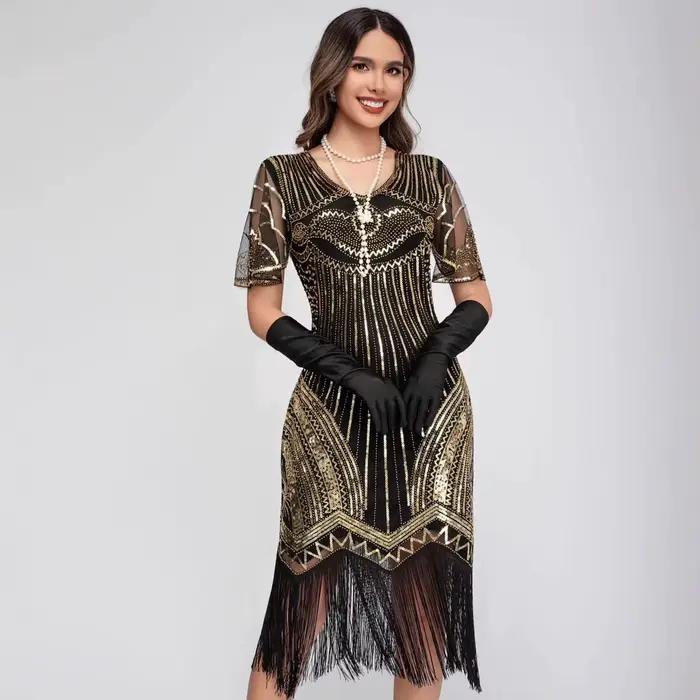 Robe Flapper Gatsby Vintage Années 20 Noire et Or à Paillettes Paon et Franges