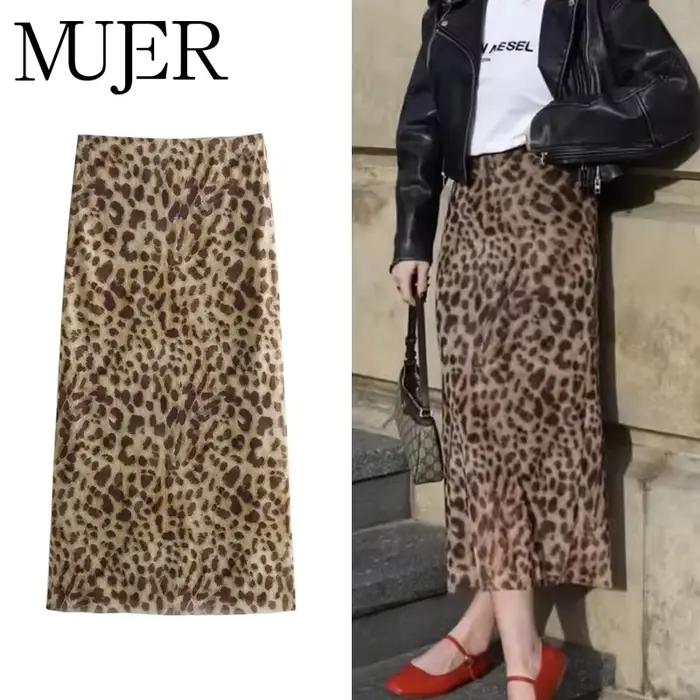 MUJER imprimé léopard jupe Midi femme Tulle taille haute jupes longues pour les femmes 2025 été Vintage maille