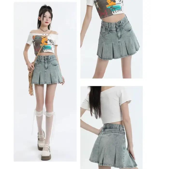 Mini-jupe en jean rétro américaine pour femme, style estival fin, taille haute, amincissante, courte, plissée, coupe trapèze, style frais et doux