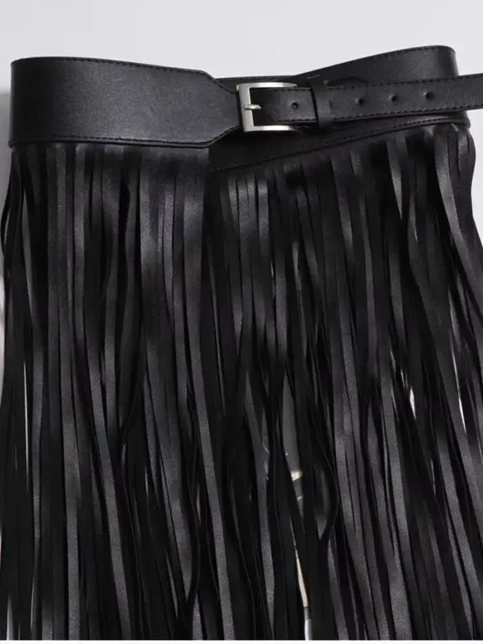 LANMREM bases jupe en cuir PU femmes ceinture couleur noire haute rue décoration pleine glands jupes femme nouvelle mode 2DC1326