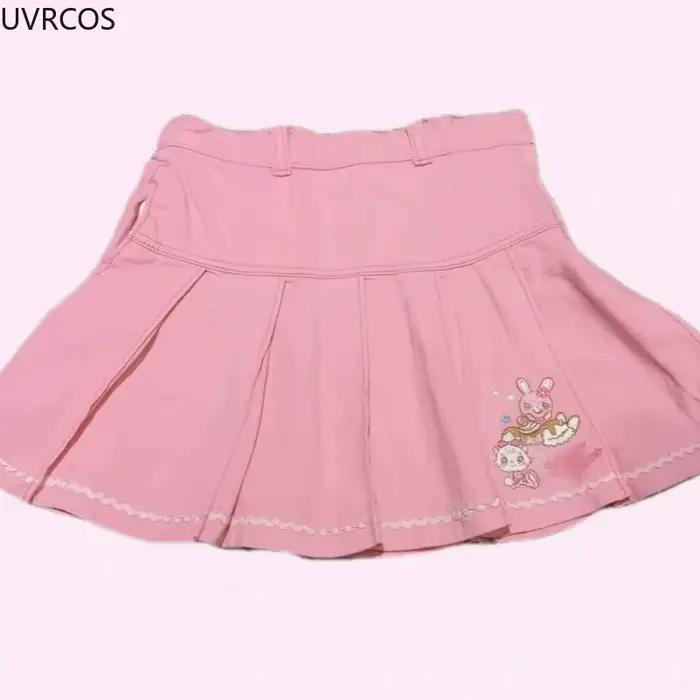 Jupe plissée rose Style Lolita japonais pour femmes, jupes courtes brodées de dessin animé coréen Kawaii, Mini jupes gâteau mignonnes