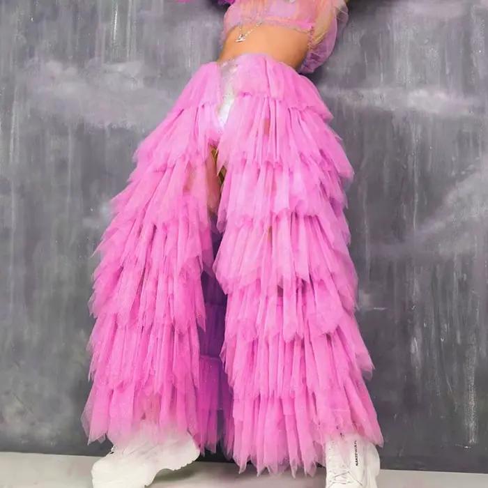 Jupe Longue Plissée Néon Transparente en Maille Multicouche pour Femme