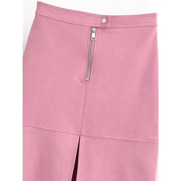 YENKYE Jupe midi rose en faux daim pour femme, avec fente avant et fermeture éclair, élégante, pour le bureau et le travail