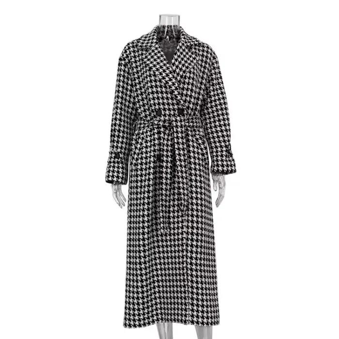 Manteau Long chaud automne hiver femmes manteau Long en laine femmes vêtements d'extérieur femmes épaissir pied-de-poule à lacets manteau en laine