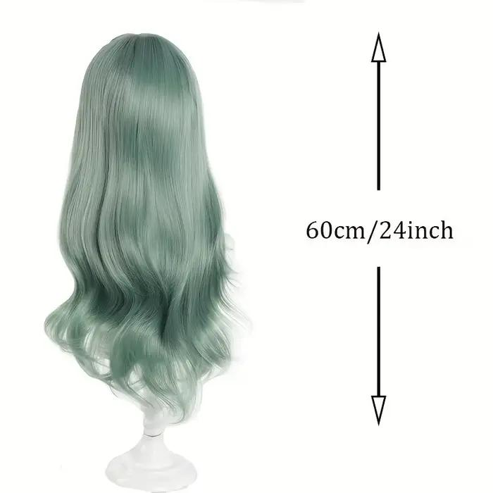 Perruque synthétique longue ondulée vert menthe pour femme avec frange naturelle à la raie centrale, idéale pour cosplay, fêtes et usage quotidien