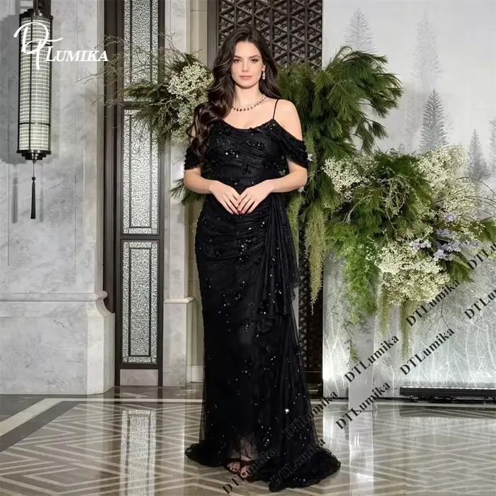 Robe de soirée longue en dentelle à fines bretelles pour femme, épaules dénudées, en tulle noir à sequins, style sirène, pour bal de promo et événements personnalisés