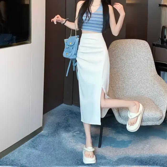 Jupe mi-longue évasée taille haute avec fente pour femme