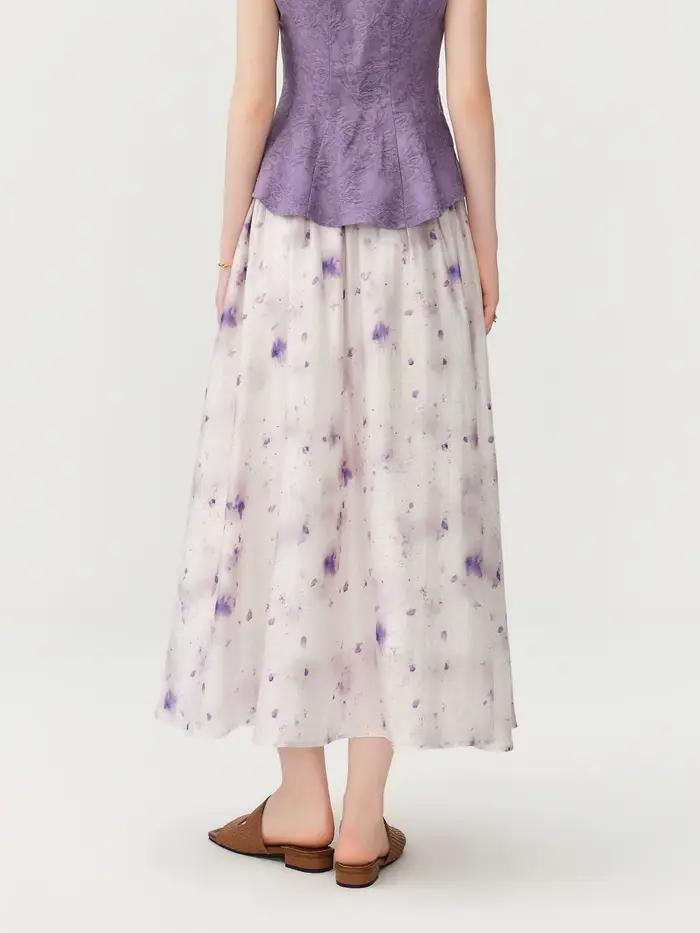 Jupe midi évasée tie-dye lilas pour femme, taille haute et tombé fluide, idéale pour les vacances et les sorties quotidiennes, élégante et confortable