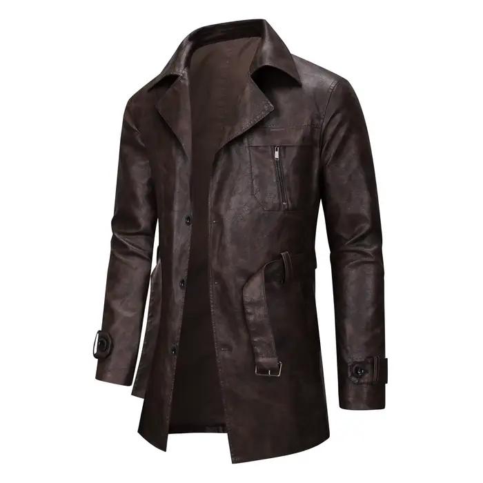 Cool à la mode mi à longue longueur veste en cuir hommes coupe ajustée Double boutonnage en cuir coupe-vent hiver hommes qualité nouvelle veste