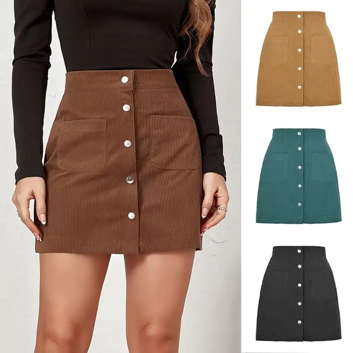 Jupe en velours côtelé à boutonnage simple pour femme