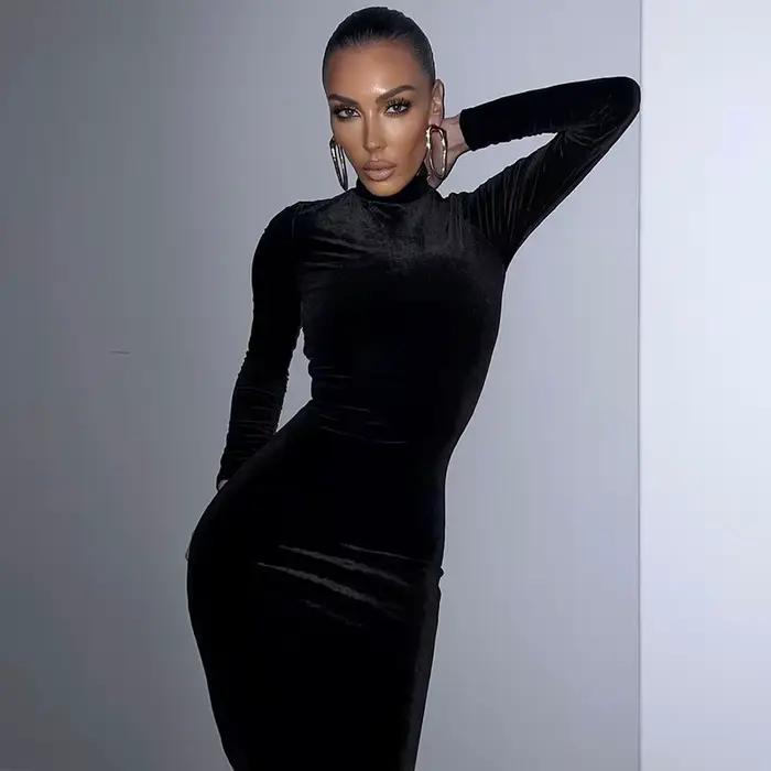 Robe fourreau sexy pour femme, col roulé, longue, plissée, moulante, en velours, maxi, pour printemps automne 2026, soirée, coupe ajustée, Vestidos