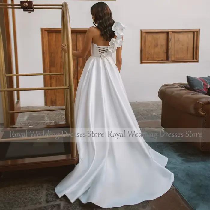 Robe de Mariée Simple en Satin à Volants avec Fleurs 3D, Ligne A, Fendue sur le Côté, pour Femme, Patients Longs, 2023