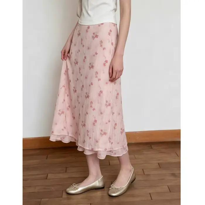 Jupe mi-longue évasée à imprimé floral, taille haute, amincissante, pour femme, nouveau style d'été, mi-longue, rose et bleue, en mélange de polyester