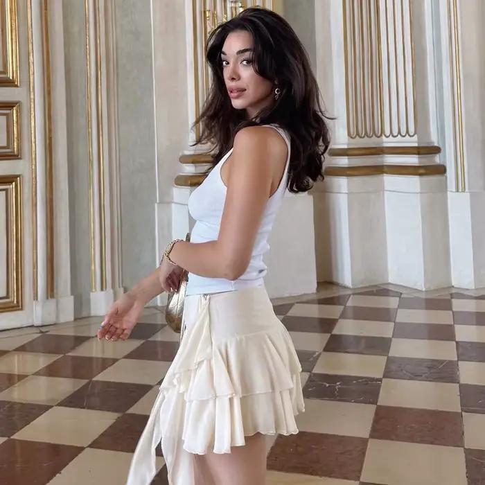 HXAO jupe en mousseline de soie superposée short dames mode Mini taille haute à lacets culottes femme à volants Beige