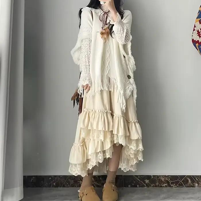 Jupes longues en dentelle à volants irréguliers vintage élégantes pour femmes automne hiver ligne a epaisse Y2K Mori filles
