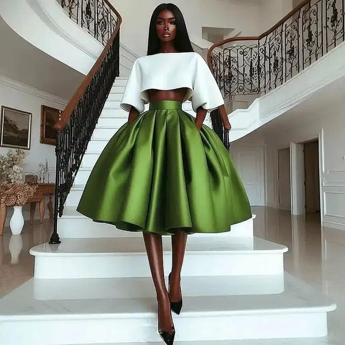 Jupe longue en satin vert pour femmes formelle plissée taille haute soirée anniversaire Aso Ebi occaions spéciales