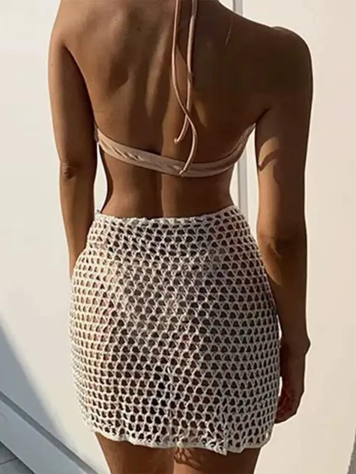 Femmes jupe de plage évidé solide noir blanc jaune vert tricoté Mini