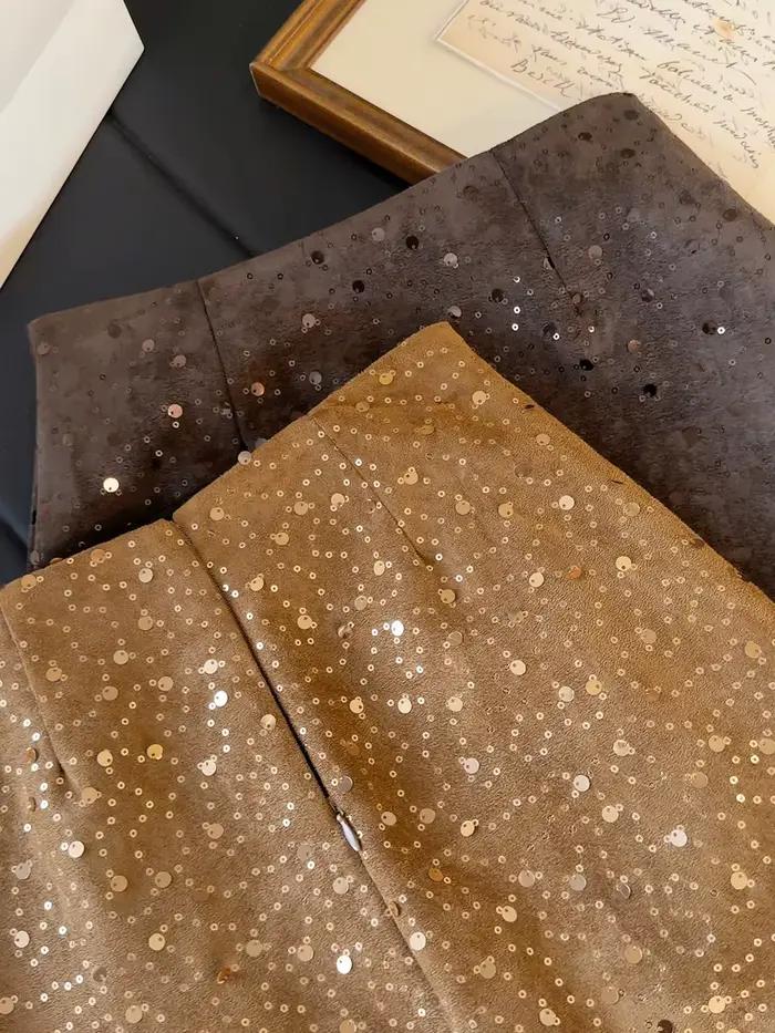 Jupe sexy en suède à sequins pour femme, nouvelle collection automne, taille haute, coupe trapèze, effet amincissant sur les hanches
