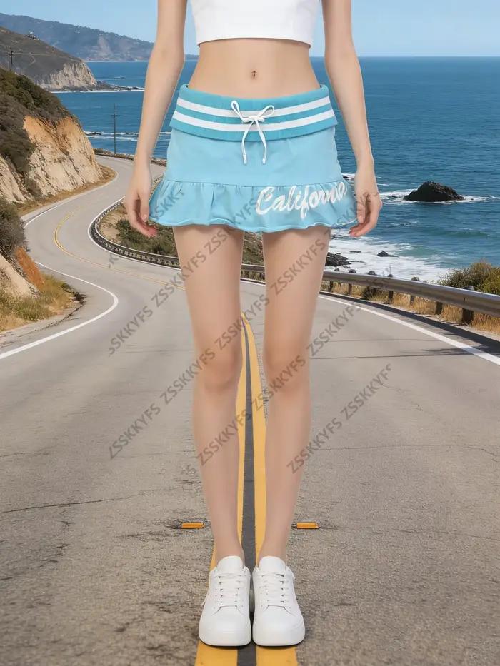 Jupe courte Himekaji japonaise vintage sexy pour femme, taille basse, style plage, été, Y2K, à volants, avec lettres, streetwear, mode fille branchée