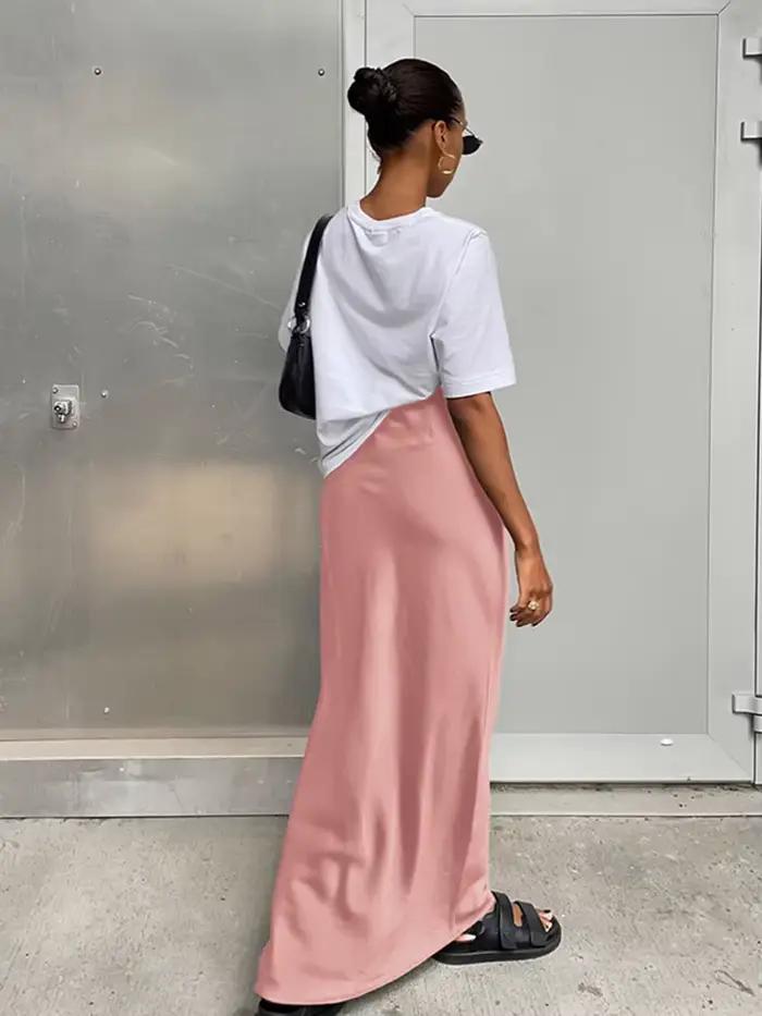 Jupes trompette élégantes en Satin noir, mode Slim, taille haute, jupe longue de bureau pour femmes, couleur unie, printemps été