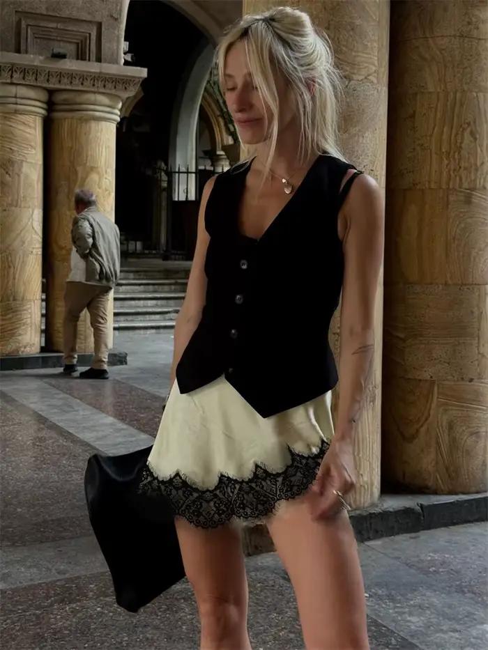 Femmes élégantes dentelle Satin épissé Mini jupe taille haute courte a-ligne jupes femme 2025 été automne dame Streetwear