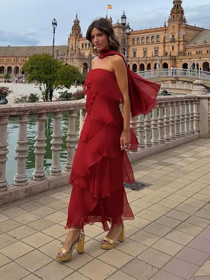 Robes longues sans bretelles à volants en cascade pour femmes