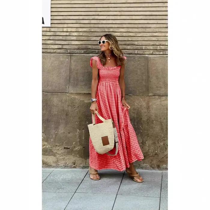 Robe longue d'été pour femmes, imprimé à carreaux, sans manches, taille élastique, ligne A, Maxi, décontractée, 2025