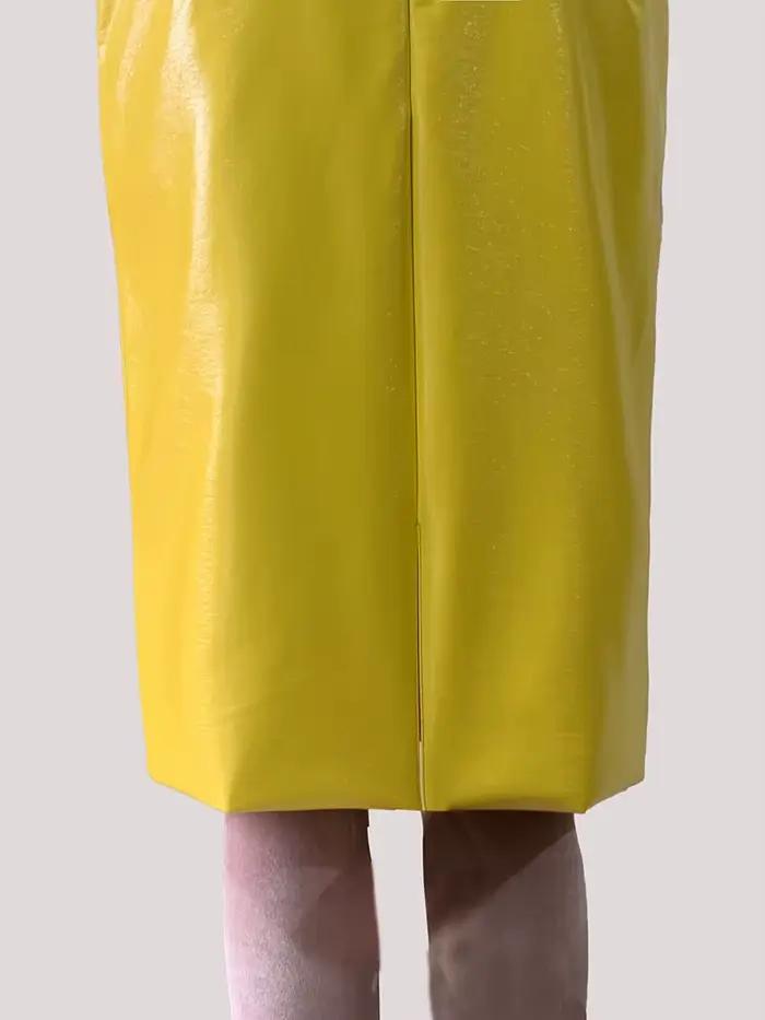 Mauroic printemps été brillant réfléchissant jaune vif Faux cuir jupe crayon femmes avec fente arrière taille haute nouveautés 2025