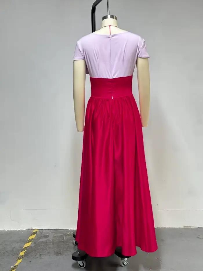 Robes Maxi bloc de couleur rouge pour femmes, manches courtes, taille haute, ligne A, mode Slim, fête, Club, bal, robes de soirée élégantes et simples