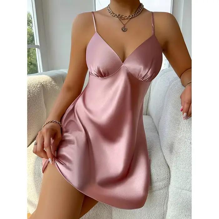 Robe de nuit en satin élégante pour femme, 1 pièce, légère, à fines bretelles, pour la maison et le repos, courte