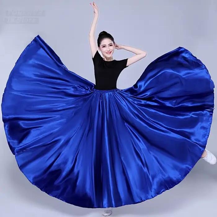 Jupe longue de danse gitane pour femmes, couleur unie, violet, or, en Satin, Yi et Uyghur, Costumes de danse tibétaine