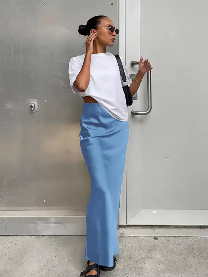 Jupes trompette élégantes en Satin noir, mode Slim, taille haute, jupe longue de bureau pour femmes, couleur unie, printemps été