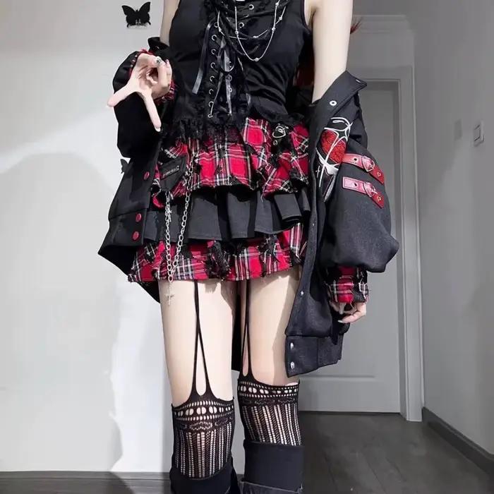 Sous-culture gothique irrégulière rouge imprimé à carreaux Mini jupe gâteau à volants Kpop Dance Rock Y2k Hot Girl Kawaii jupes de Style japonais années 90