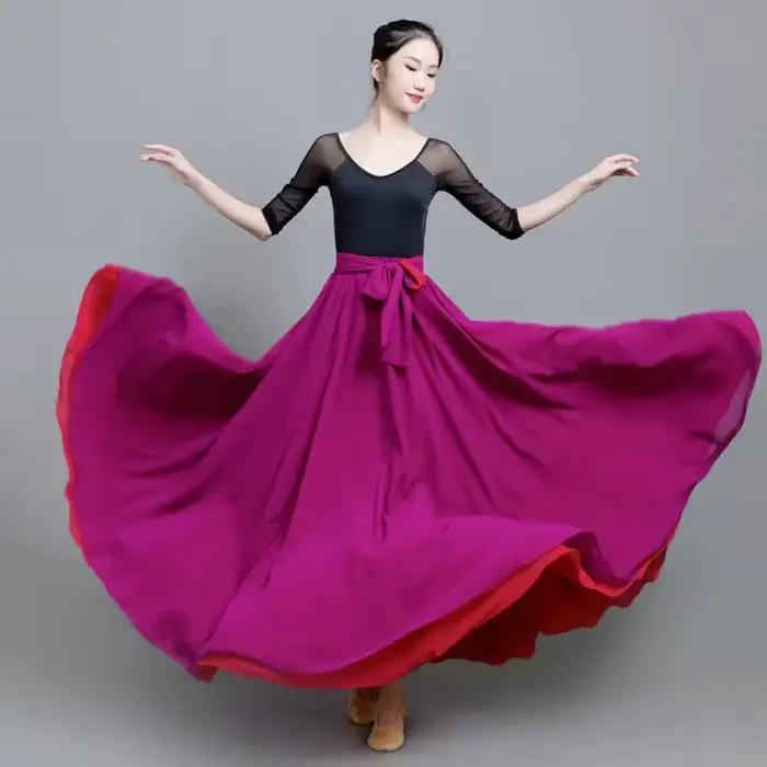 8Mi-Robe de danse longue double face en mousseline de soie pour femme