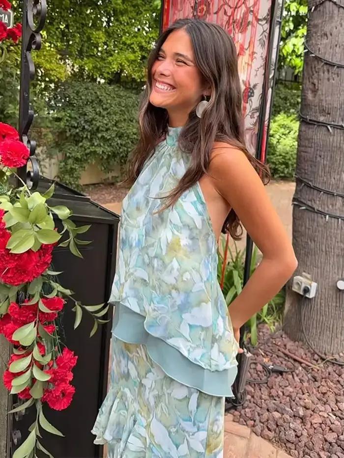 Ensemble jupe longue et haut dos nu à imprimé floral pour femme, sans manches, avec jupes à volants, tenue de plage bohème pour les vacances, été 2026