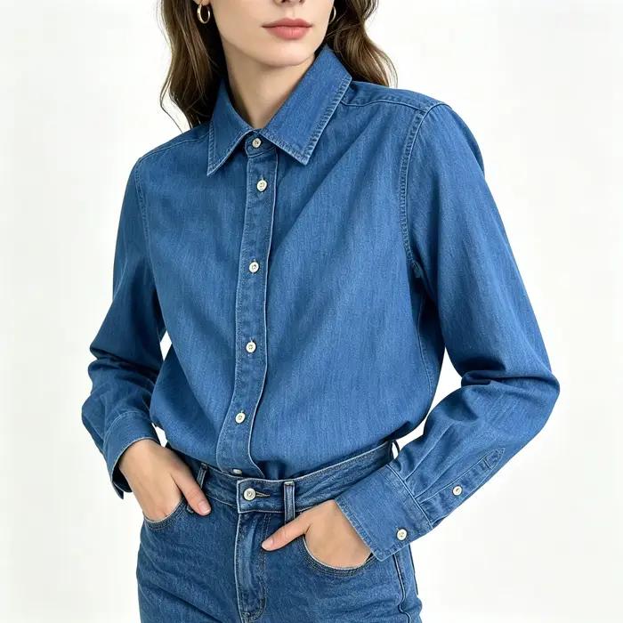 Chemise en jean pour femme, chemisier brodé classique style Old Money