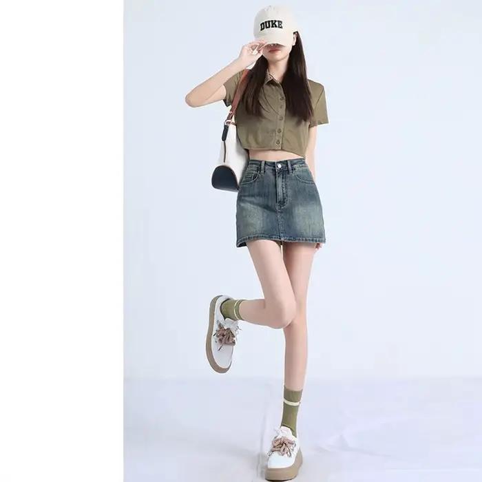 Jupe mini trapèze taille haute en jean rétro pour femme, style 'Spicy Girl', amincissante, anti-transparence, mi-longue, tendance streetwear pour l'été