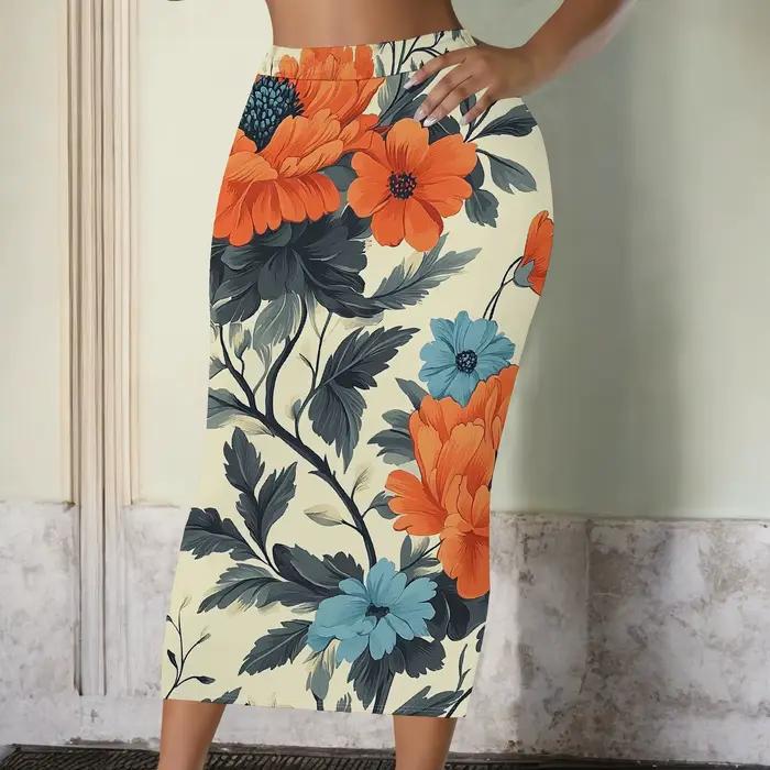 Jupe crayon florale, jupe midi imprimée orange et bleue, jupe moulante taille haute, tenue de bureau élégante, S-2XL