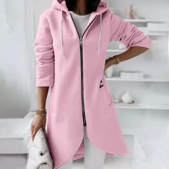 Veste à Capuche Longue pour Femme, Manteau avec Fermeture Éclair, Couleur Unie, Décontracté, Poches, Vêtements d'Extérieur, Automne et Hiver