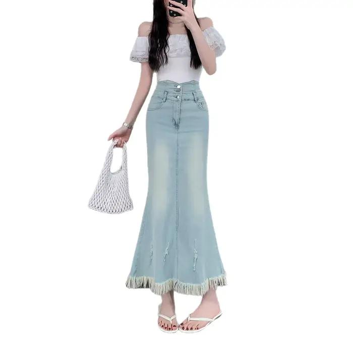 Jupe longue en jean style américain pour femme, coupe queue de poisson, taille haute, effet amincissant, ourlet rétro, design estival, style urbain