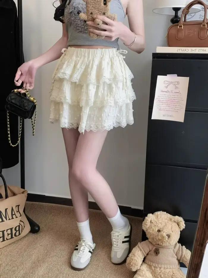 Jupe tutu blanche en dentelle avec nœud pour femme, jupe courte bouffante anti-exposition d'été, taille haute, coupe trapèze ajustée