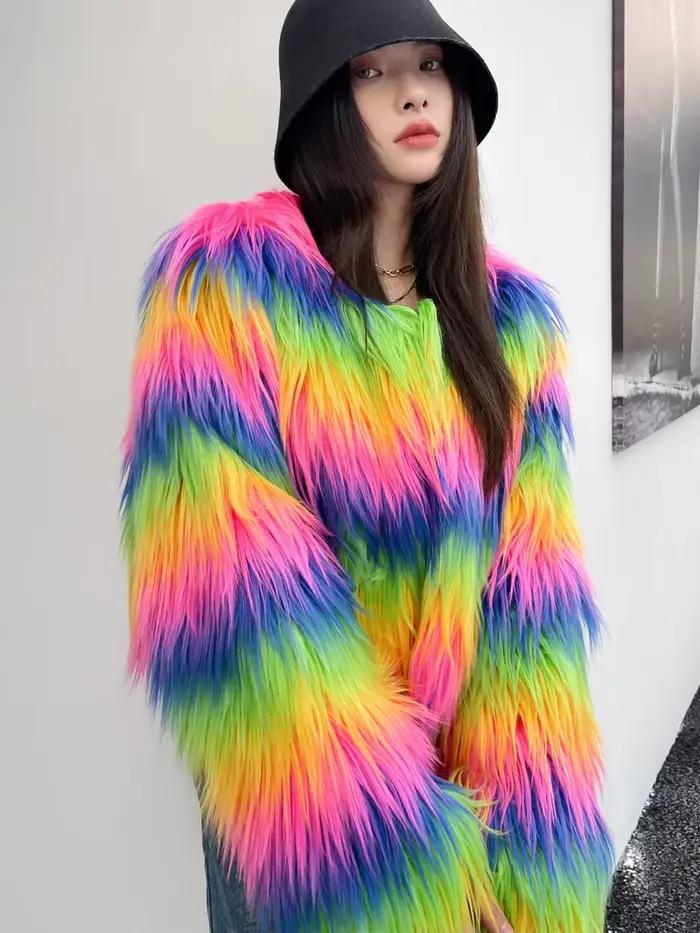 Manteau en fausse fourrure arc-en-ciel pour femme, Streetwear chaud pour femme, col rond, manches longues, vêtements d'extérieur d'hiver