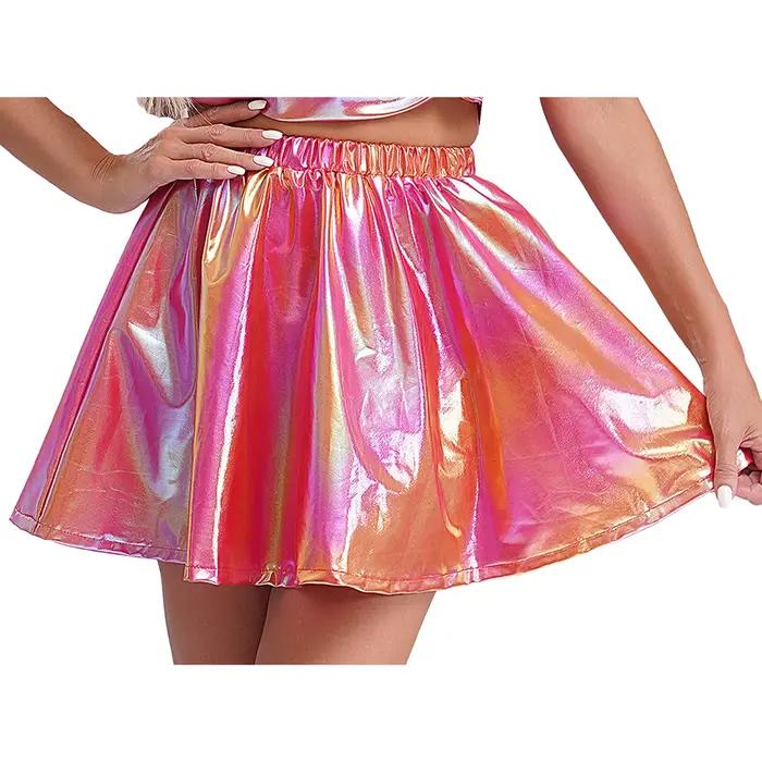 Mini jupes métalliques brillantes pour femmes, jupe de danse à volants, taille haute, évasée, Rave Bar Club, Costume Y2K