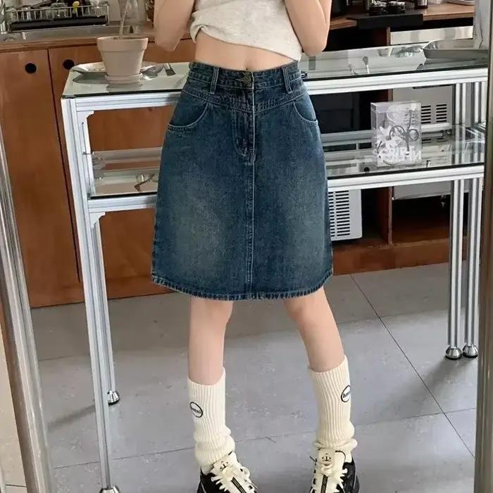 Mini jupe en Denim délavé rétro, taille haute, amincissante, ligne a, demi-corps, jupe enveloppante, en coton tricoté, fermeture éclair, décoration
